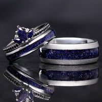 Lotus Starry Night Ring Set, His and Her Wedding Band Set, Tungsten Space Rings, 8mm & 4mm Polish Dome, Rift Sandstone, Matching Couple Ring