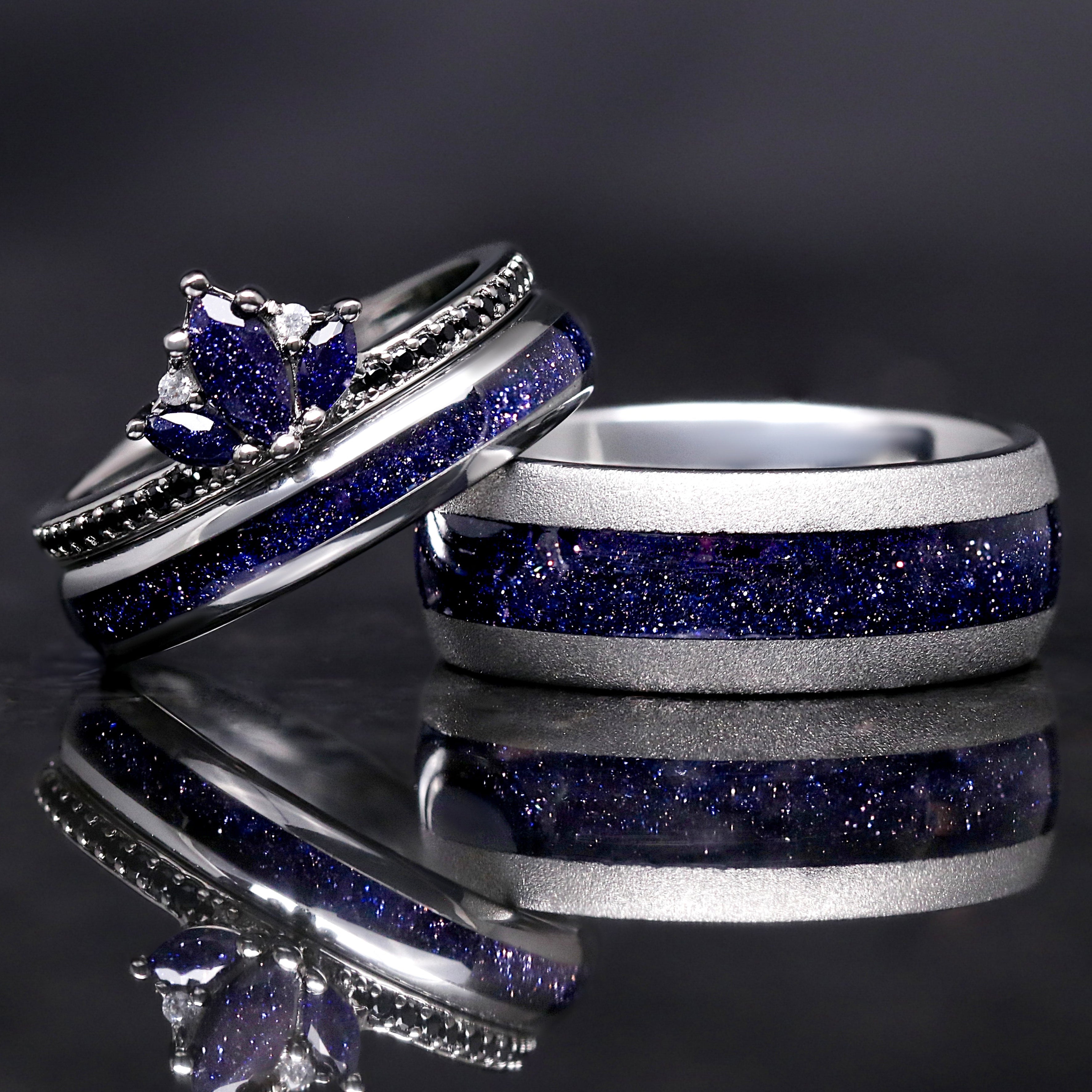 Lotus Starry Night Ring Set, His and Her Wedding Band Set, Tungsten Space Rings, 8mm & 4mm Polish Dome, Rift Sandstone, Matching Couple Ring