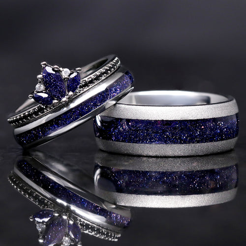 Lotus Starry Night his and her wedding band set