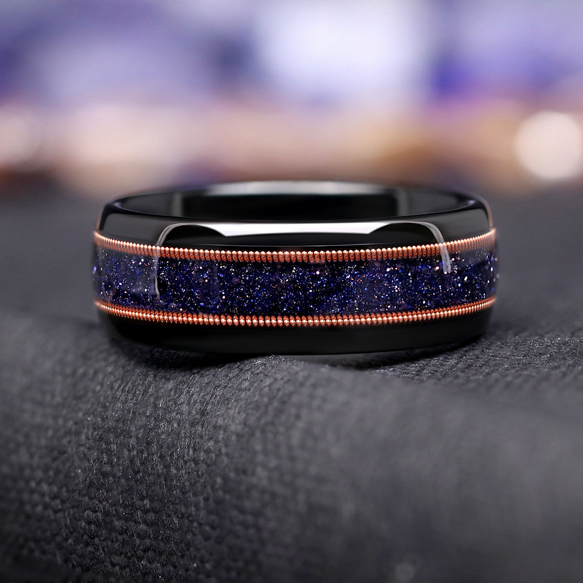 Starry Night Rose Gold Tungsten Band for Men, Great Rift Nebula Ring, Black and Rose Gold Space Wedding Band, Sandstone Guitar String Ring