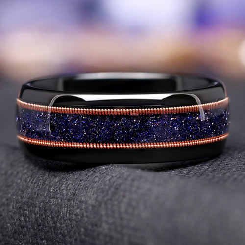 Starry Night Rose Gold Tungsten Band for Men, Great Rift Nebula Ring, Black and Rose Gold Space Wedding Band, Sandstone Guitar String Ring