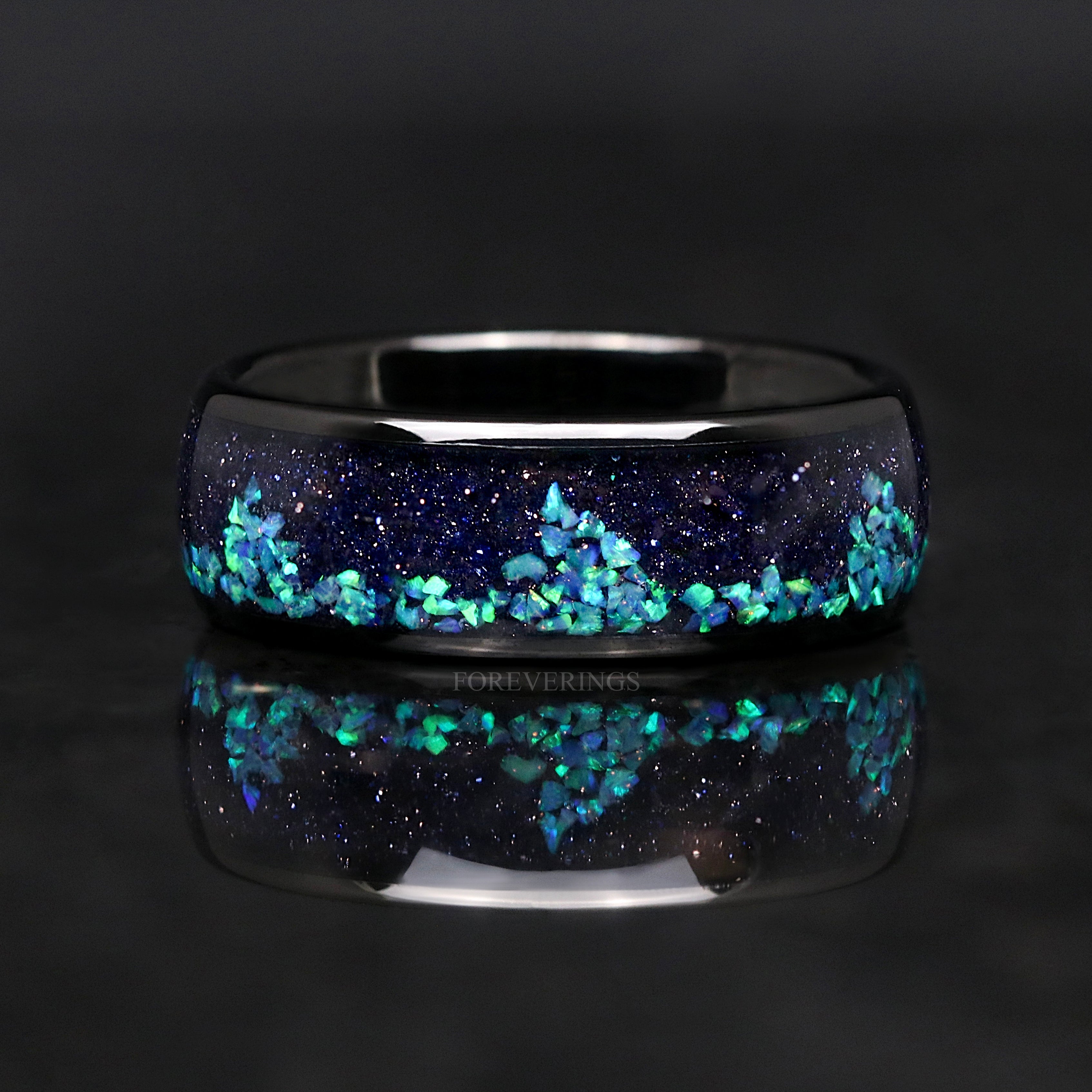 Wave Men Tungsten Wedding Band, Black Nebula Ring, Starry Night, Black Tungsten Space Ring, 8mm Dome Polish, Blue Sandstone, Engraved Band