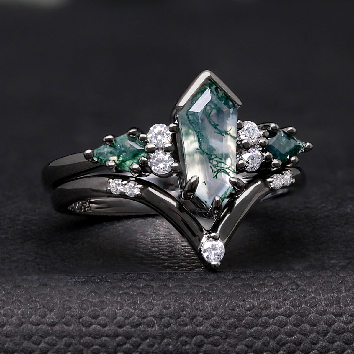 Kite Cut Moss Agate Engagement Ring Set | Couples Matching Bands