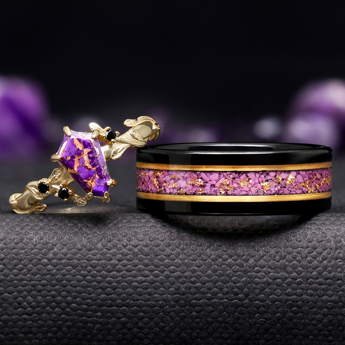 Hawthorn Purple Turquoise Engagement Ring Set for Couples