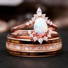 Rose Gold Opal Halo Ring & Whiskey Barrel Tungsten Band | His & Hers Set