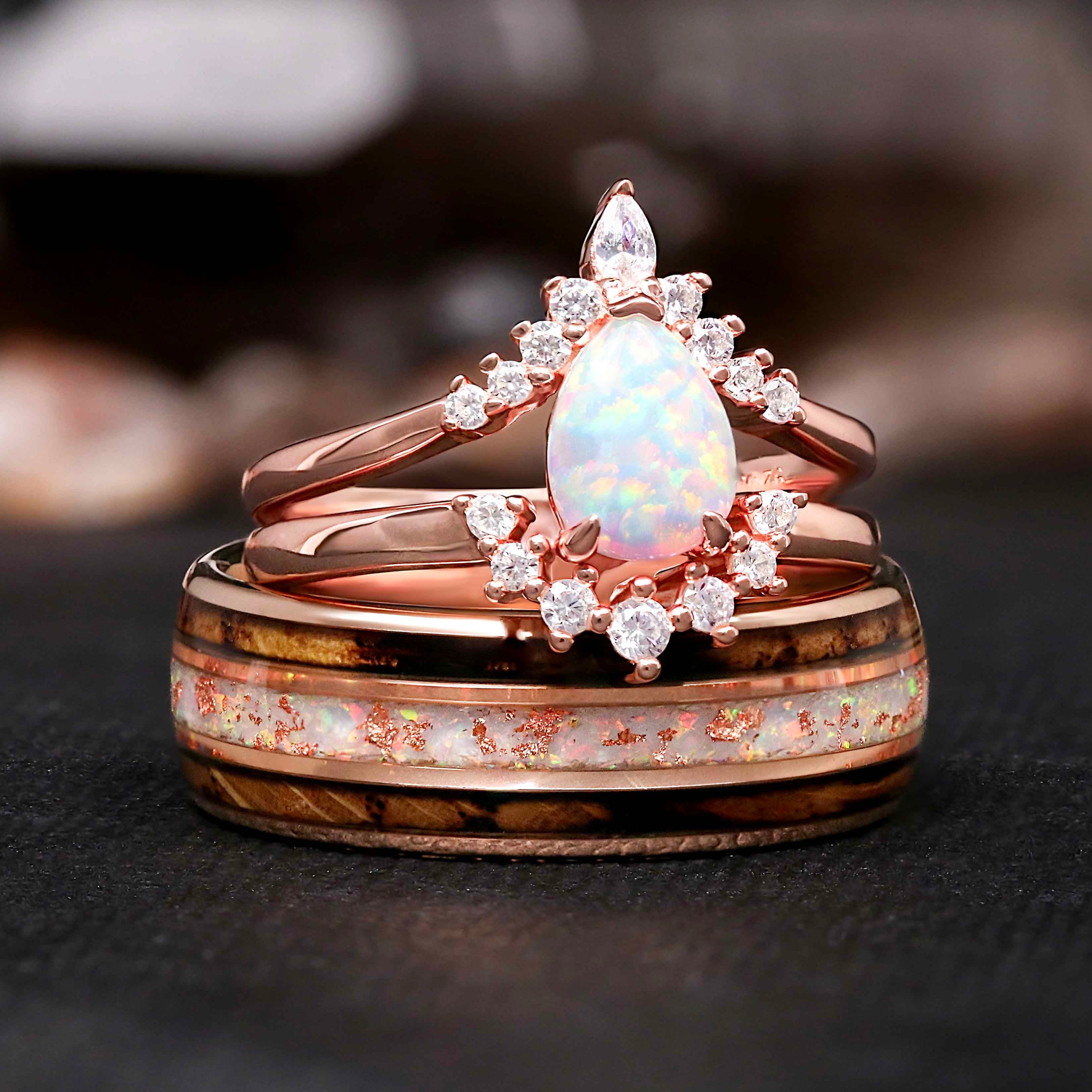 Men’s Opal Wedding Band with Whiskey Barrel, Rose Gold Foil, 8mm Tungsten