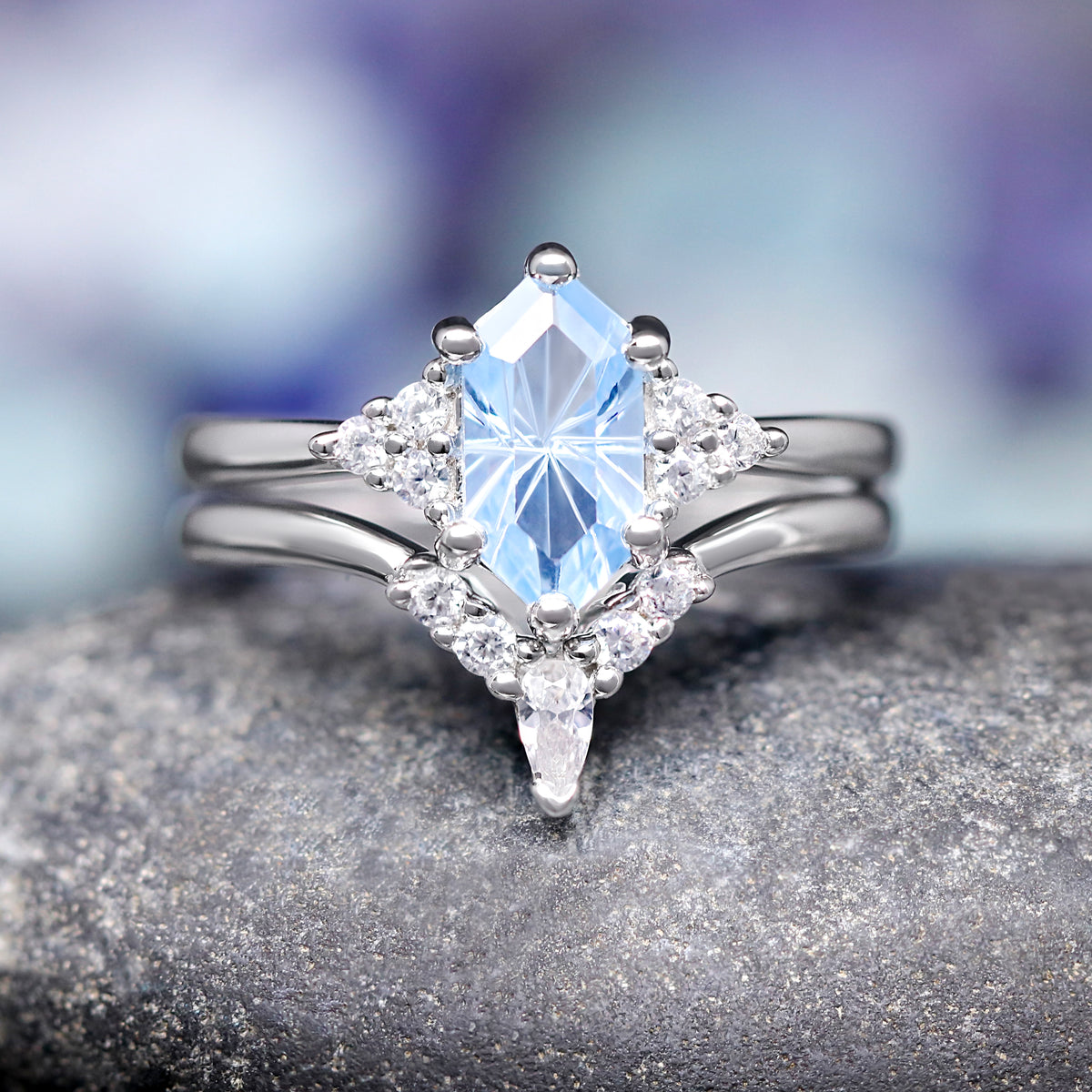 Spire Aquamarine Engagement Ring Set, His and Her Wedding Band Set, Matching Sterling Silver Rings, Unique Blue Promise Ring for Couples