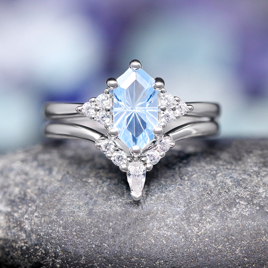 Spire Aquamarine Engagement Ring Set, His and Her Wedding Band Set, Matching Sterling Silver Rings, Unique Blue Promise Ring for Couples