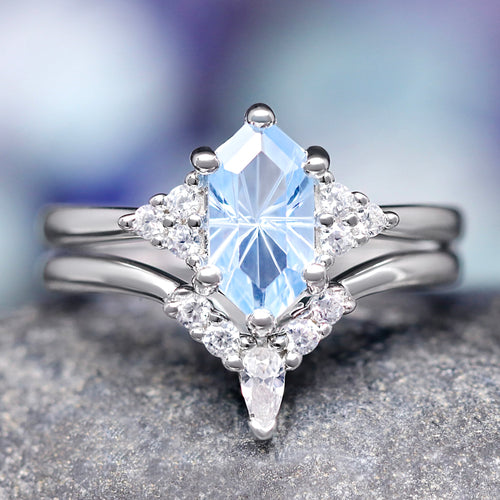 Spire Aquamarine Engagement Ring, Women Wedding Ring Set, Elongated Hexagon, 925 Sterling Silver, Unique Promise Ring for Her, Gift for Her