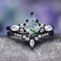 Green Moss Agate Wedding Band, Kite Cut Engagement Ring Set, Black Gold Filled Ring, 925 Sterling Silver, Nature Ring, Black Rhodium Finish