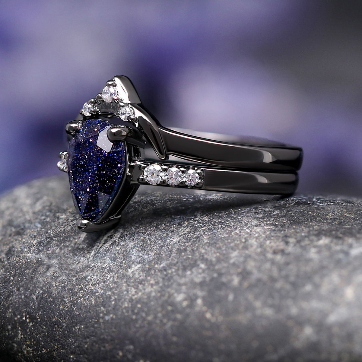 Night Court Ring Set, His and Her Wedding Ring, Black Starry Night Ring, Space Couples Ring, Black Tungsten and 925 Silver, Sandstone, ACOTAR Jewelry
