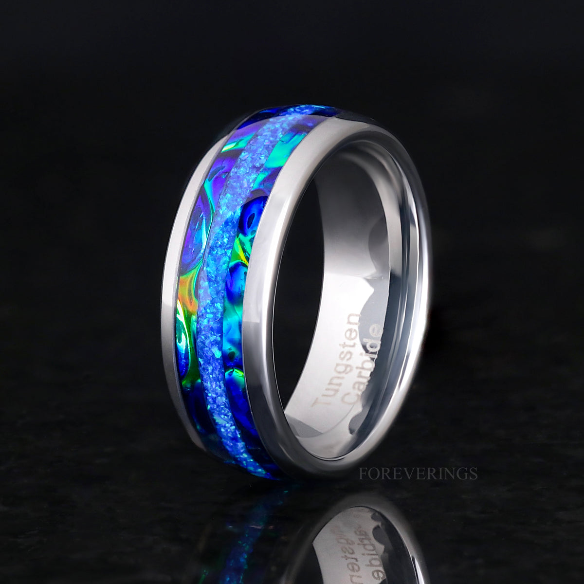 Blue Fire Opal Dichrolam Inlay | Men's Silver Tungsten Wedding Band