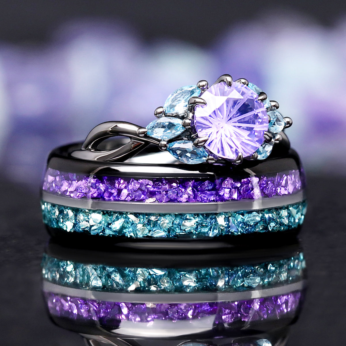 Northern Lights couples ring set black wedding bands with amethyst and aquamarine