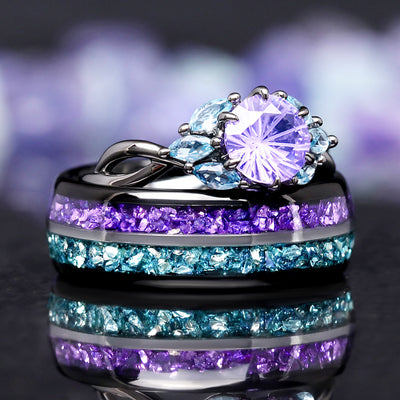 Northern Lights Couples Ring Set, Black Wedding Ring Set, Amethyst Aquamarine, His & Her Matching Engagement Ring Set, Borealis Promise Ring