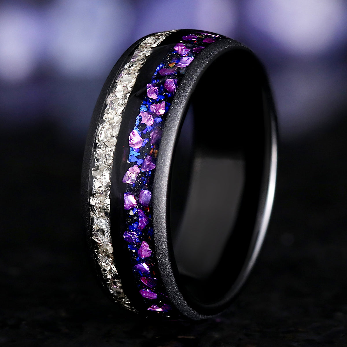 Purple wedding band for men with dome and sandblast finish