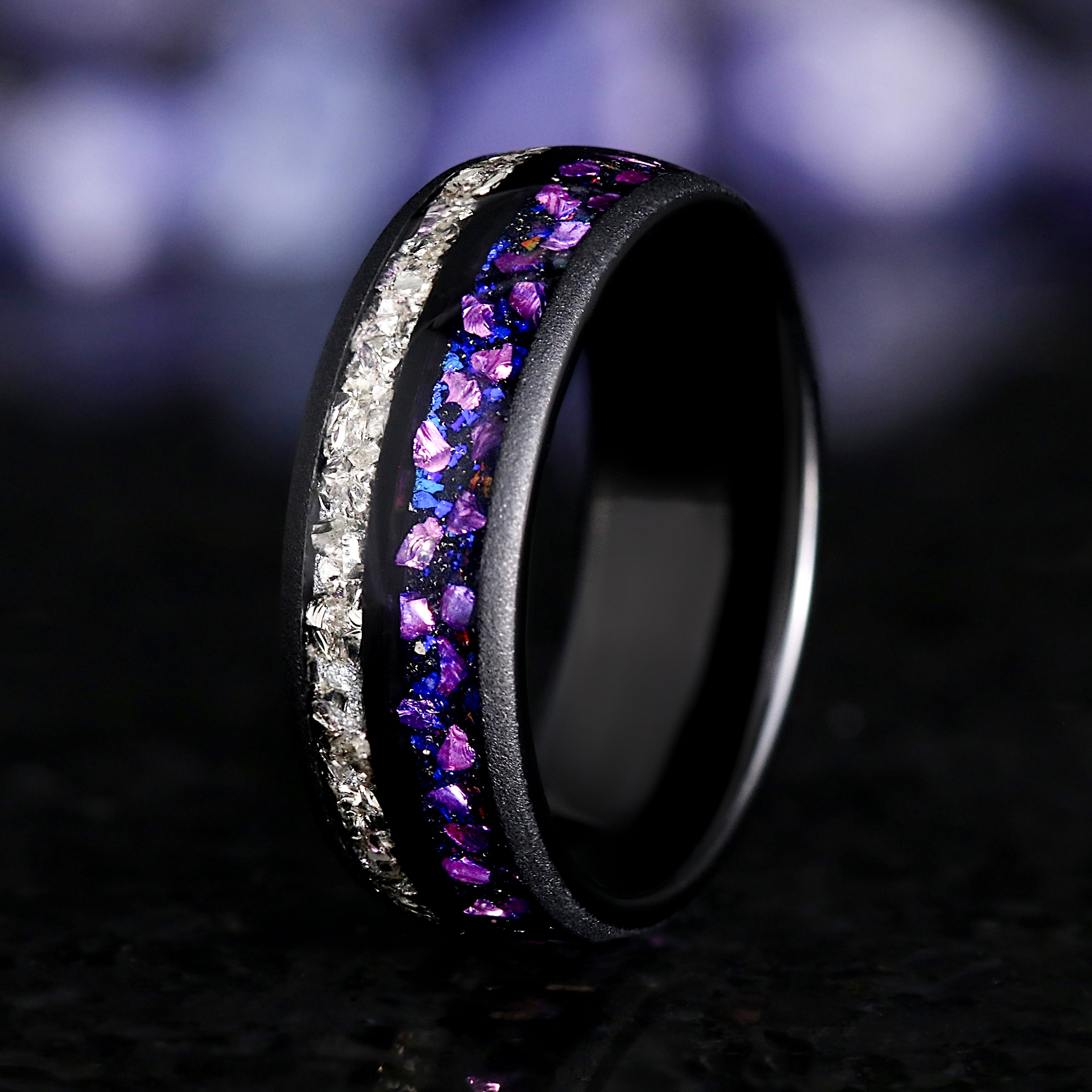 Alexandrite Ring Men, Purple Wedding Band, Crab Nebula Ring, Black Tungsten Band, 8mm Space Ring, Dome, Sandblast, Mens Engagement Ring