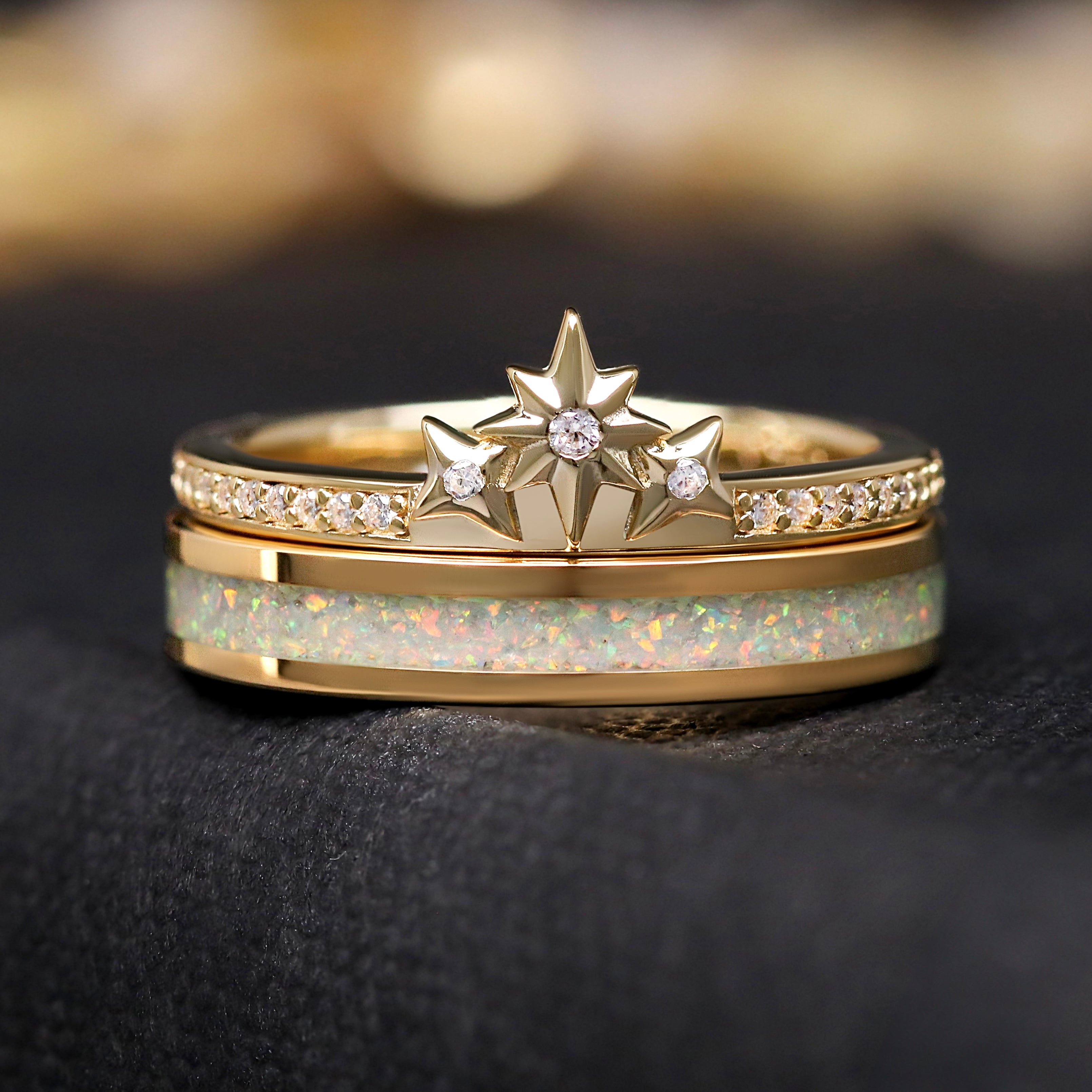 Starburst Gold Opal Band & Stacking Star Ring, Celestial Ring Set, Unique Wedding Band, Cosmic Promise Ring, Galaxy Jewelry Gift for Her, White Opal