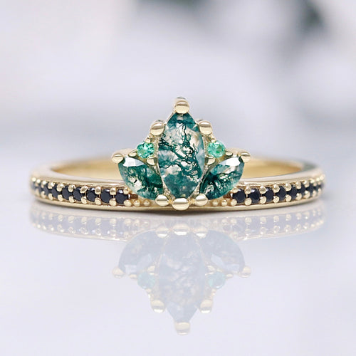 Gold Moss Agate Lotus Crown Ring, Stacking Engagement Ring for Women, Marquise Nature-Inspired Wedding Ring, Fantasy Promise Ring