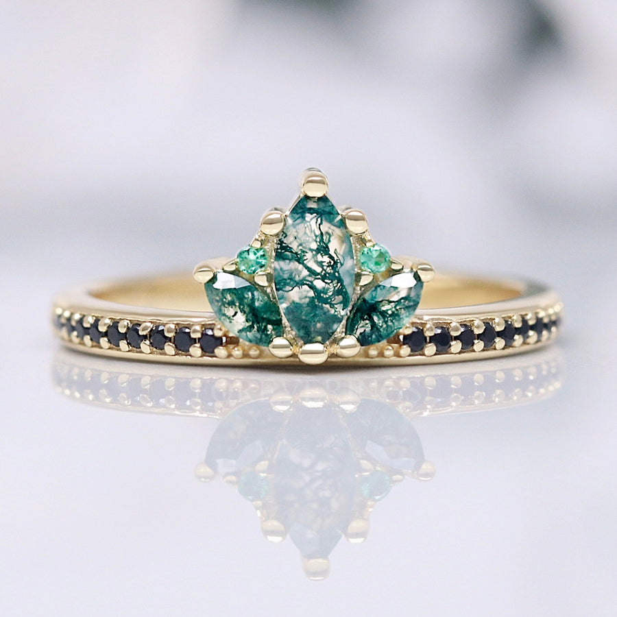 Gold Moss Agate Lotus Crown Ring, Stacking Engagement Ring for Women, Marquise Nature-Inspired Wedding Ring, Fantasy Promise Ring