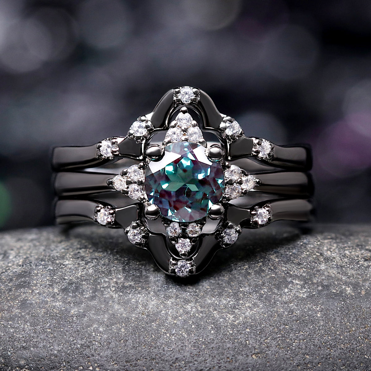 Alexandrite couple rings in black sterling silver