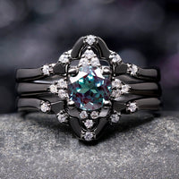 Veloura Black Alexandrite Engagement Ring Set – Unique Wedding Ring for Women, Black Ring, Round Cut Alternative Bridal Set, 925 Silver