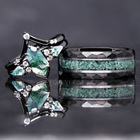 Green Moss Agate Coffin Kite Ring Set, His and Her Wedding Band, Black Ring Set, Matching Nature Couples Ring, Black Tungsten and 925 Silver
