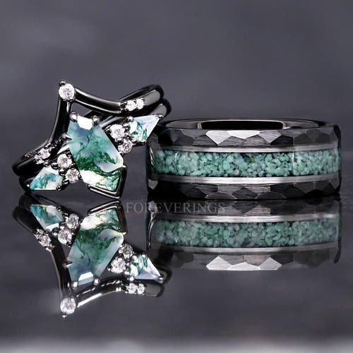 Green moss agate coffin kite couples ring set black tungsten and silver
