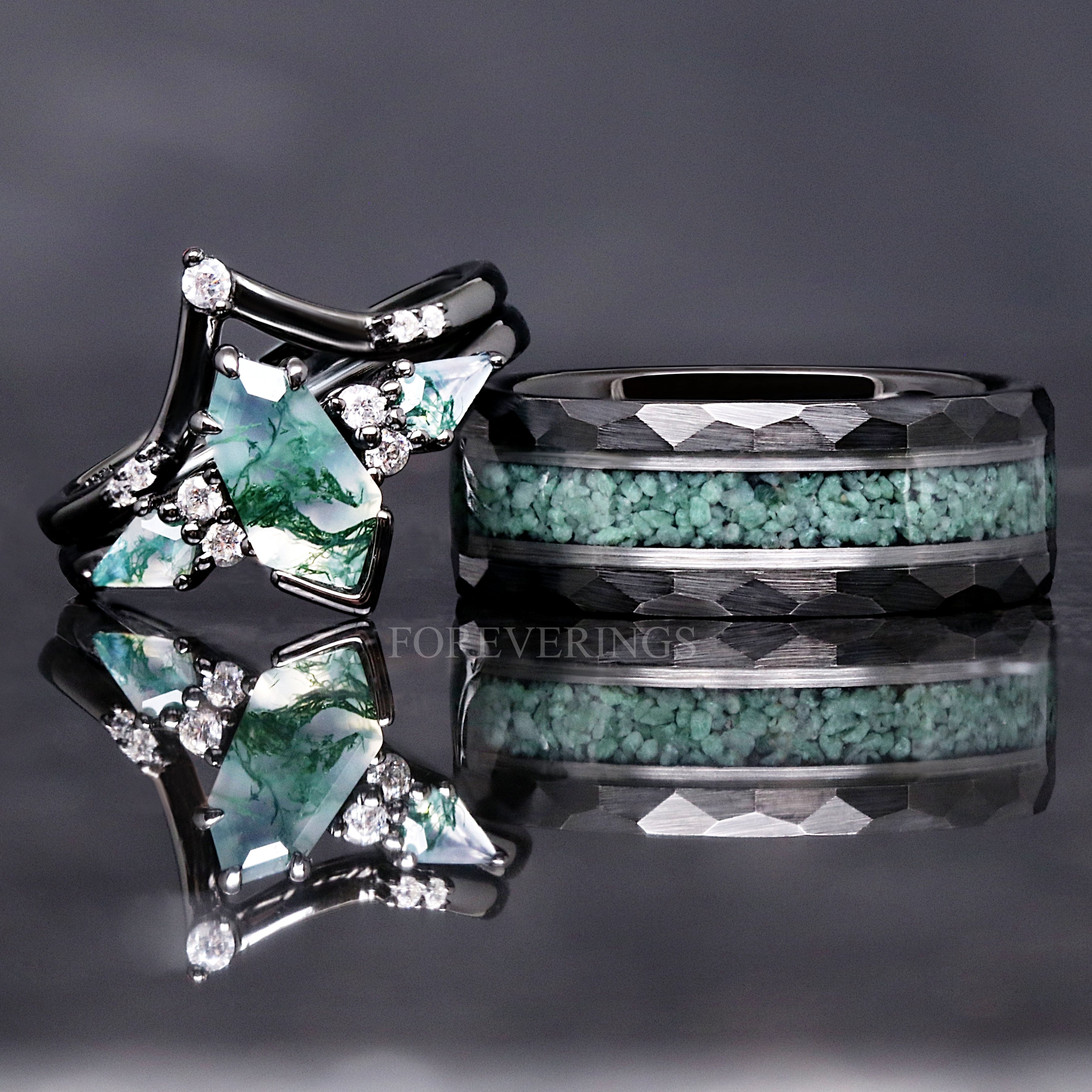 Green Moss Agate Coffin Kite Ring Set, His and Her Wedding Band, Black Ring Set, Matching Nature Couples Ring, Black Tungsten and 925 Silver