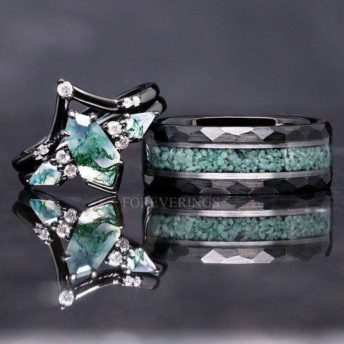 Green moss agate coffin kite couples ring set black tungsten and silver