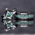 Alternative black couples ring set with moss agate gemstone