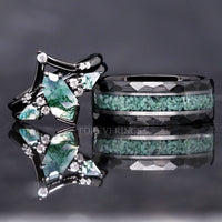 Alternative black couples ring set with moss agate gemstone
