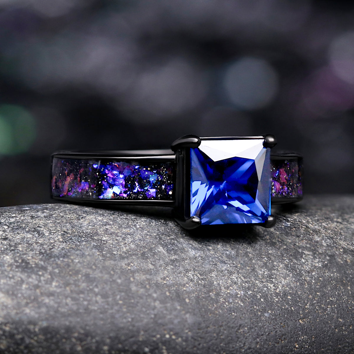 Orion Nebula and Enla Sapphire engagement and wedding rings