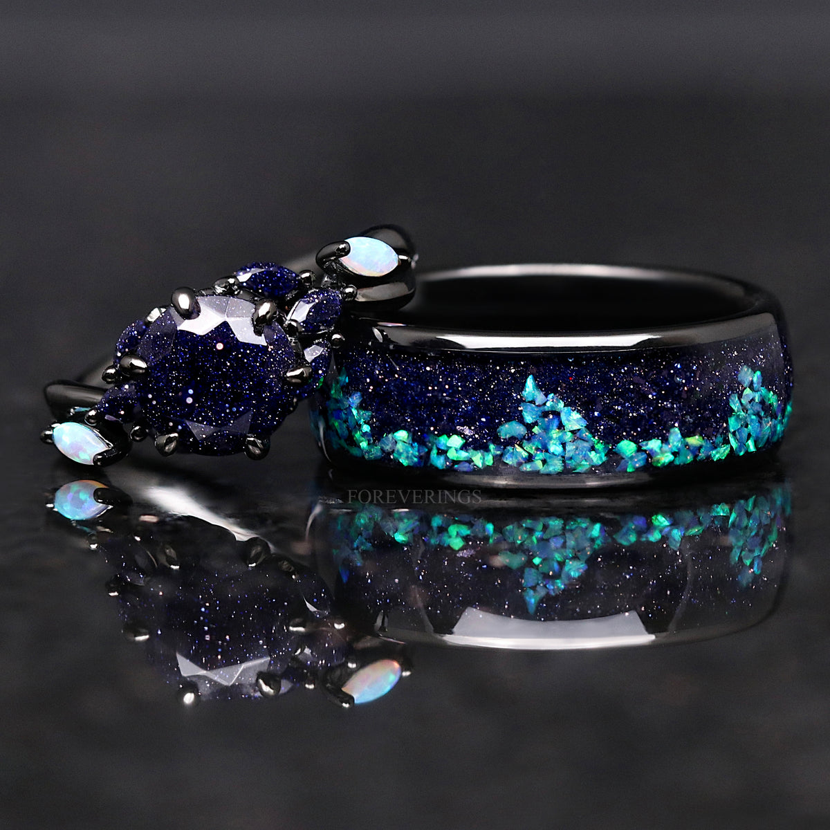 Nesta Starry Night Ring Set, His & Her Black Wedding Ring, Rift Nebula Ring Set, Matching Couple Ring, Sandstone, Black Tungsten, 925 Silver