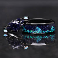 Nesta Starry Night Ring Set, His & Her Black Wedding Ring, Rift Nebula Ring Set, Matching Couple Ring, Sandstone, Black Tungsten, 925 Silver