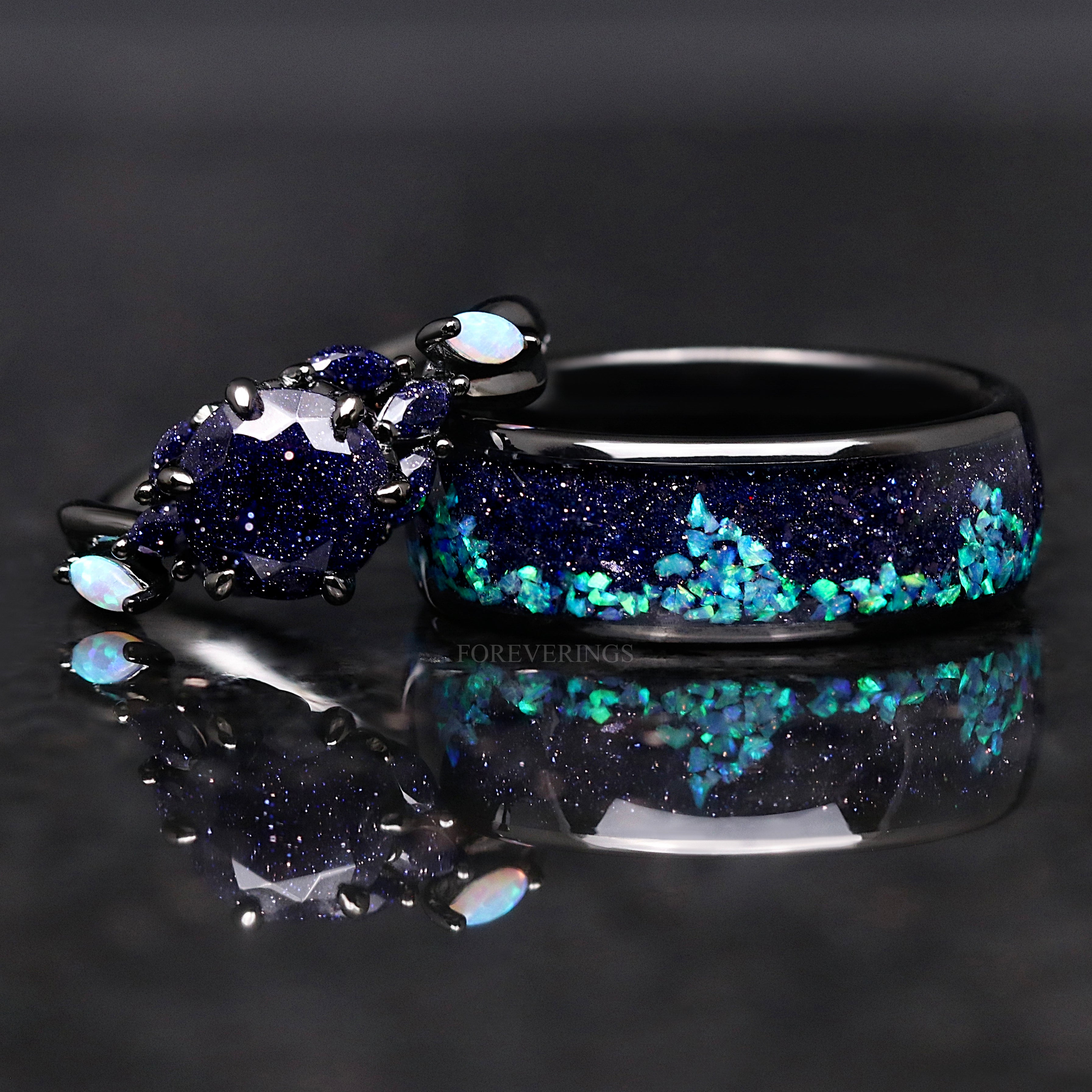 Nesta Starry Night Ring Set, His & Her Black Wedding Ring, Rift Nebula Ring Set, Matching Couple Ring, Sandstone, Black Tungsten, 925 Silver