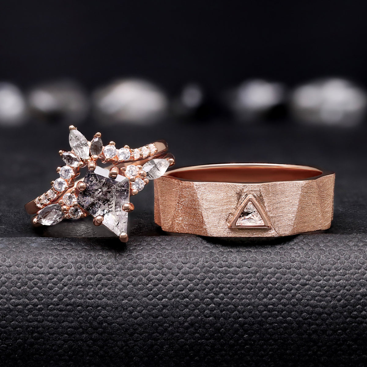 Kite Cut Herkimer Diamond Engagement Ring Set | Rose Gold Couples Ring
