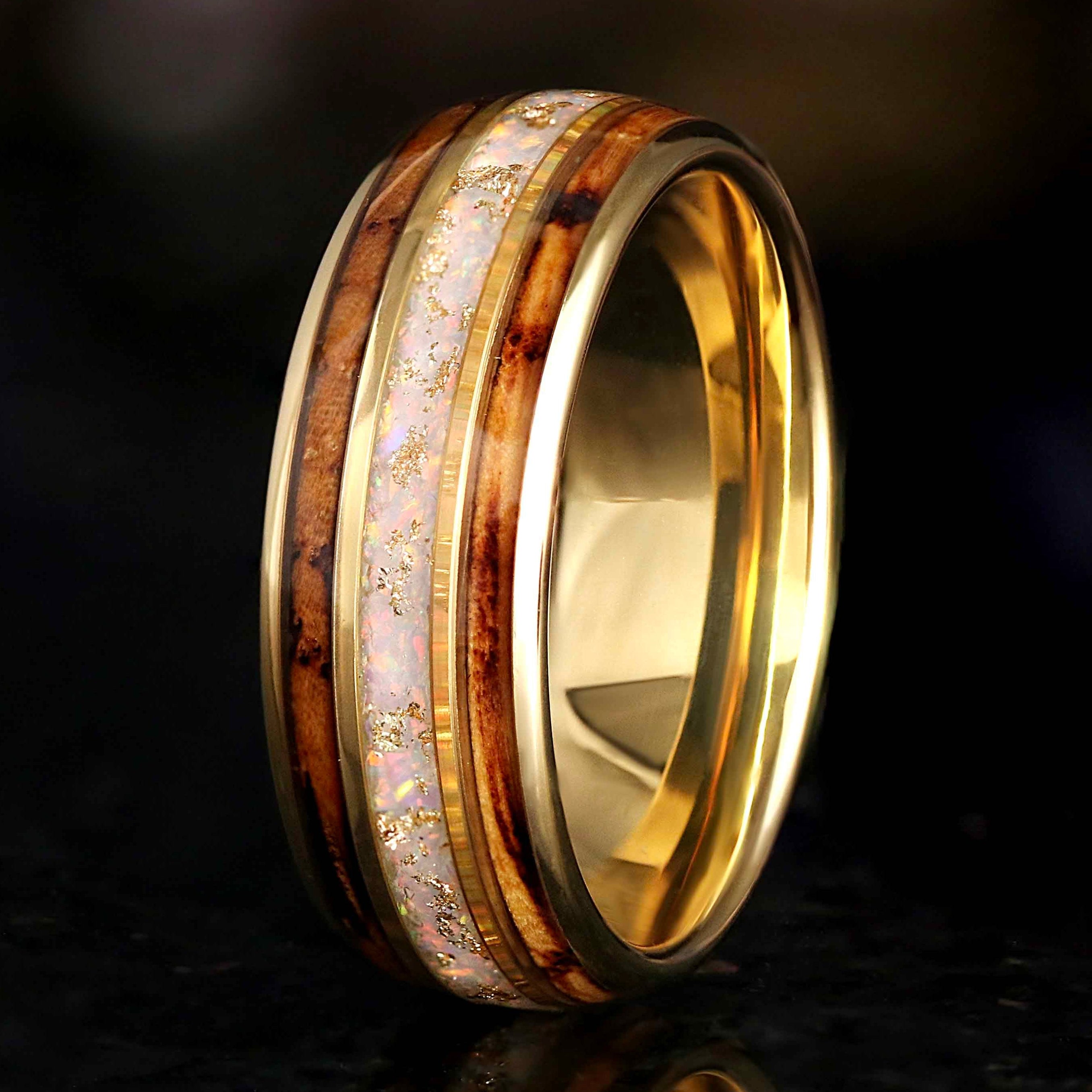 Gold Opal Wedding Band for Men with Whiskey Barrel Wood and Gold Foil