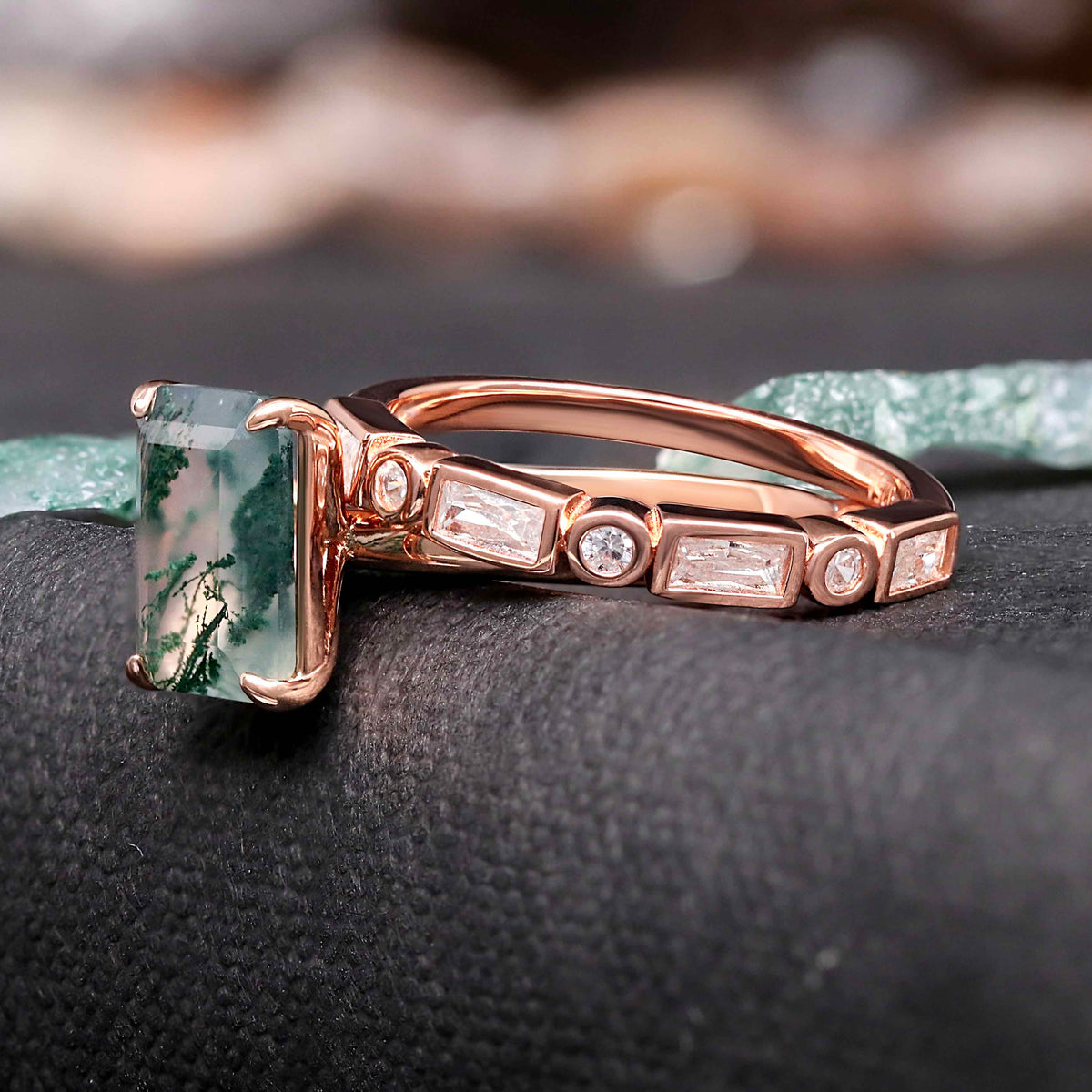 Vella moss agate engagement ring set