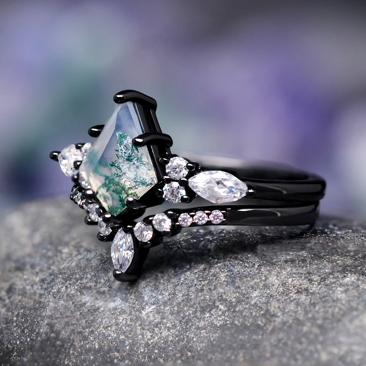 Green Moss Agate Ring Set, His and Hers Wedding Band, Black Ring Set, Matching Nature Couples Ring, Black Plated Tungsten and 925 Silver