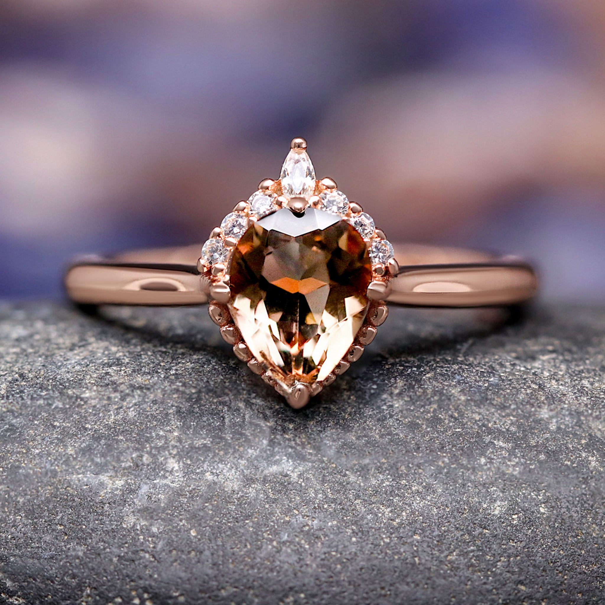Smoky Quartz Rose Gold Ring, Pear Cut Wedding Ring for Her, Unique Nontraditional Promise Ring, Vintage Beaded Halo Ring for Women