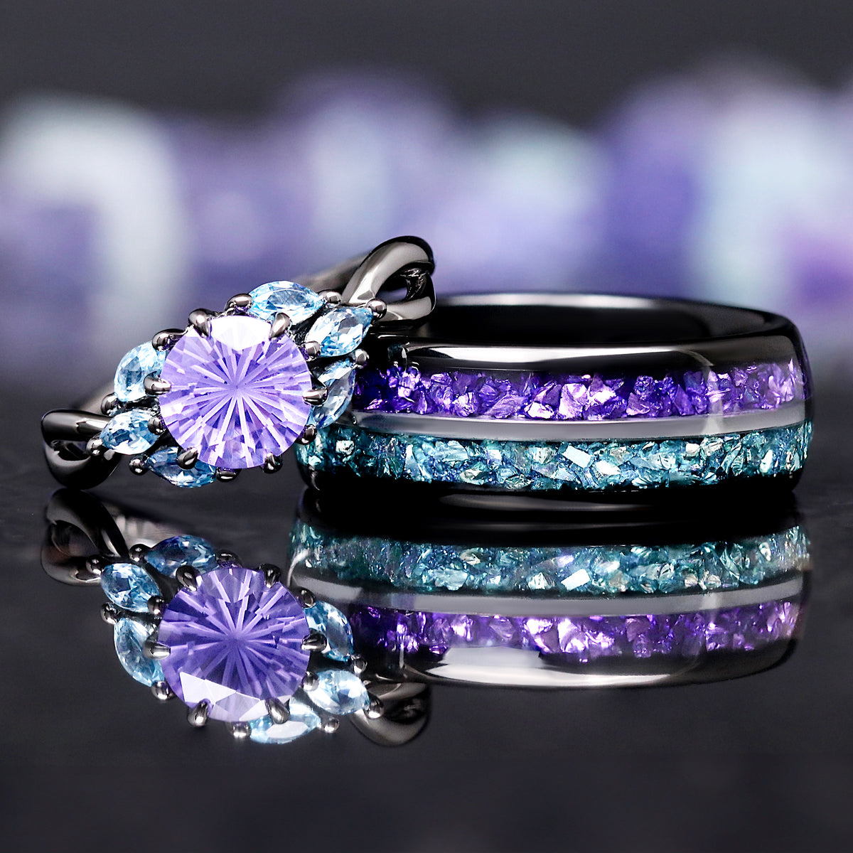 Black wedding ring set for couples with amethyst and aquamarine gemstones