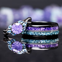 Black wedding ring set for couples with amethyst and aquamarine gemstones