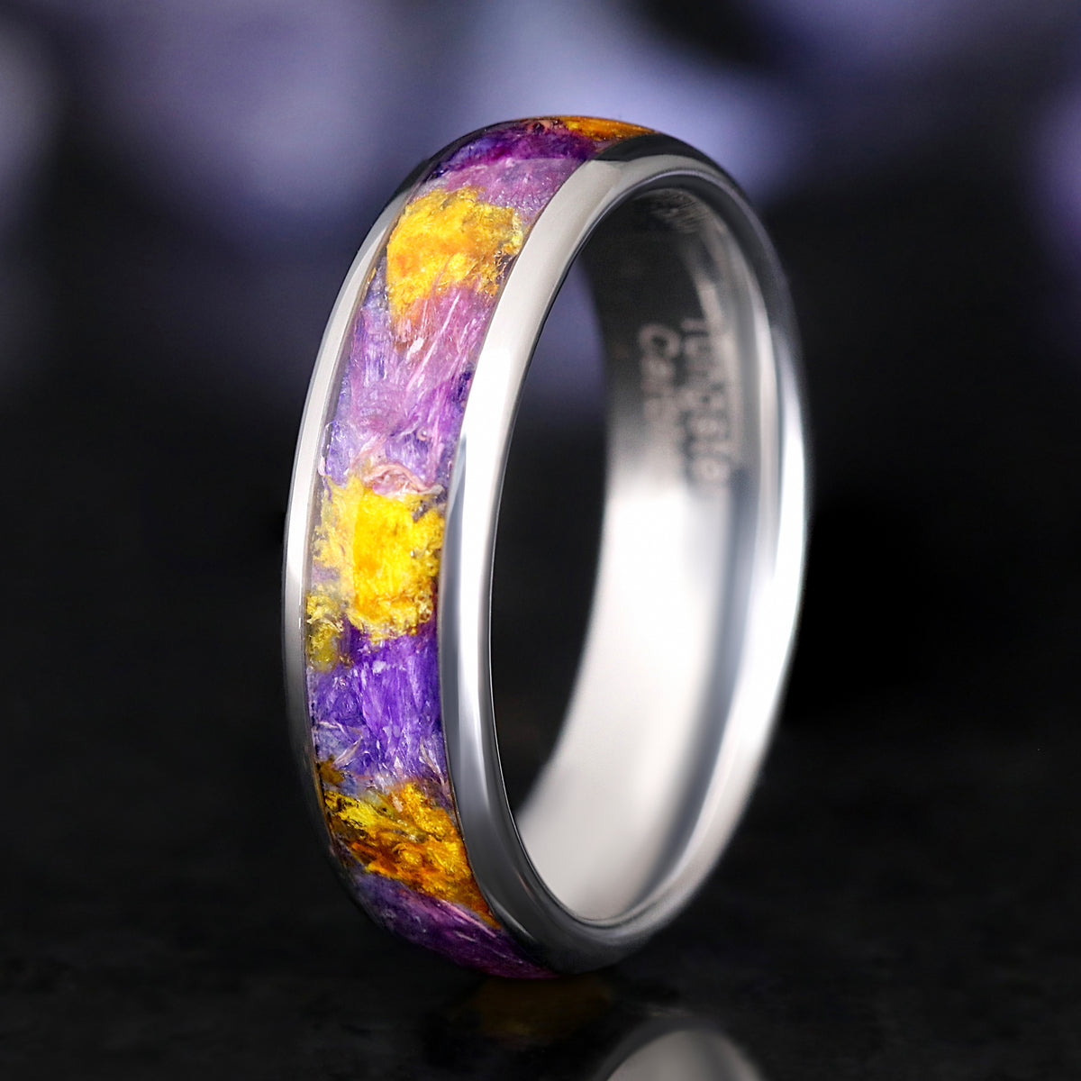 Silver tungsten ring with crushed flower inlay design