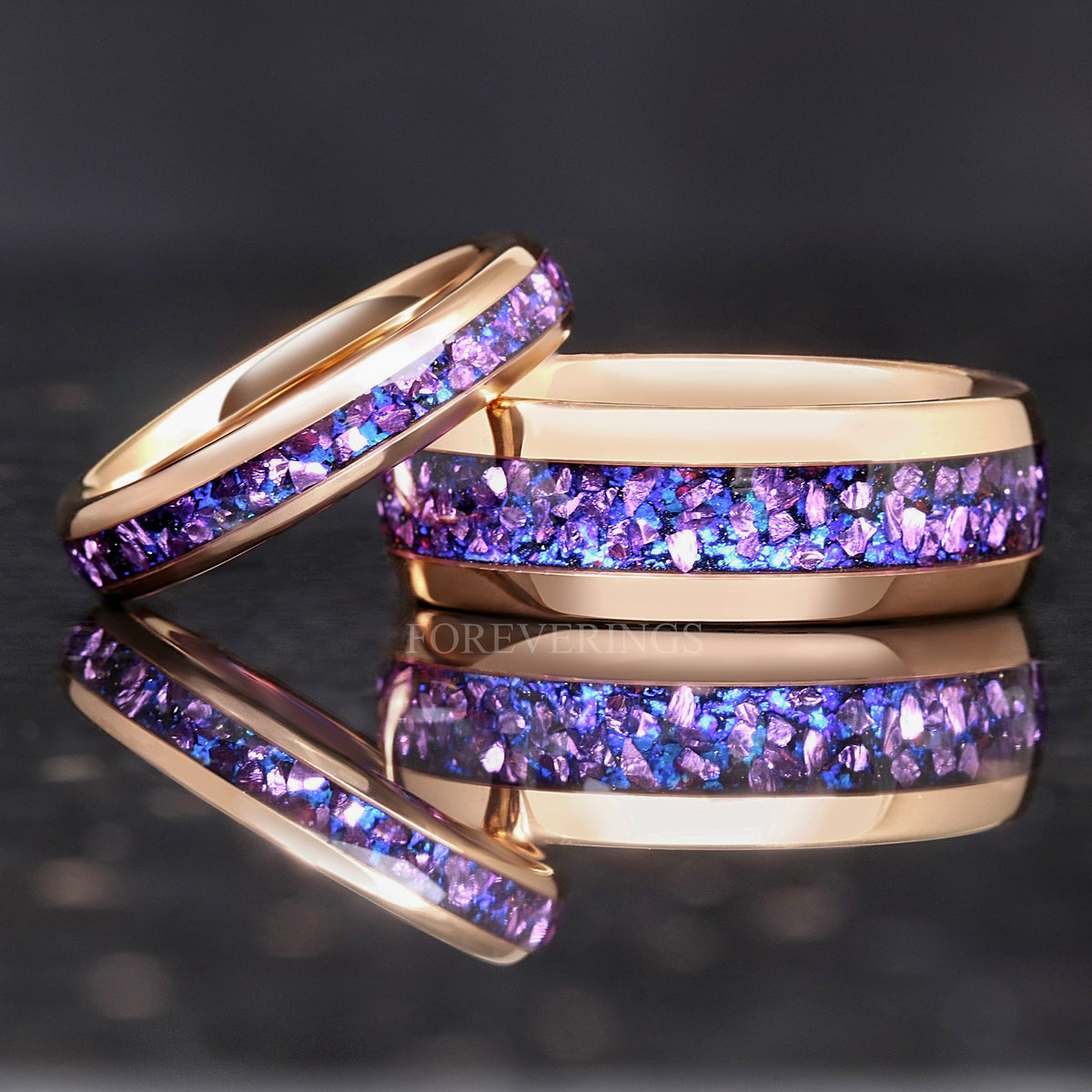 Crab Nebula Ring Set, His and Her Alexandrite Wedding Band, 8mm & 4mm Rose Gold Tungsten Ring Set, Outer Space, Polish, Dome, Comfort Fit