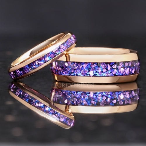 Crab Nebula Ring Set, His and Her Alexandrite Wedding Band, 8mm & 4mm Rose Gold Tungsten Ring Set, Outer Space, Polish, Dome, Comfort Fit