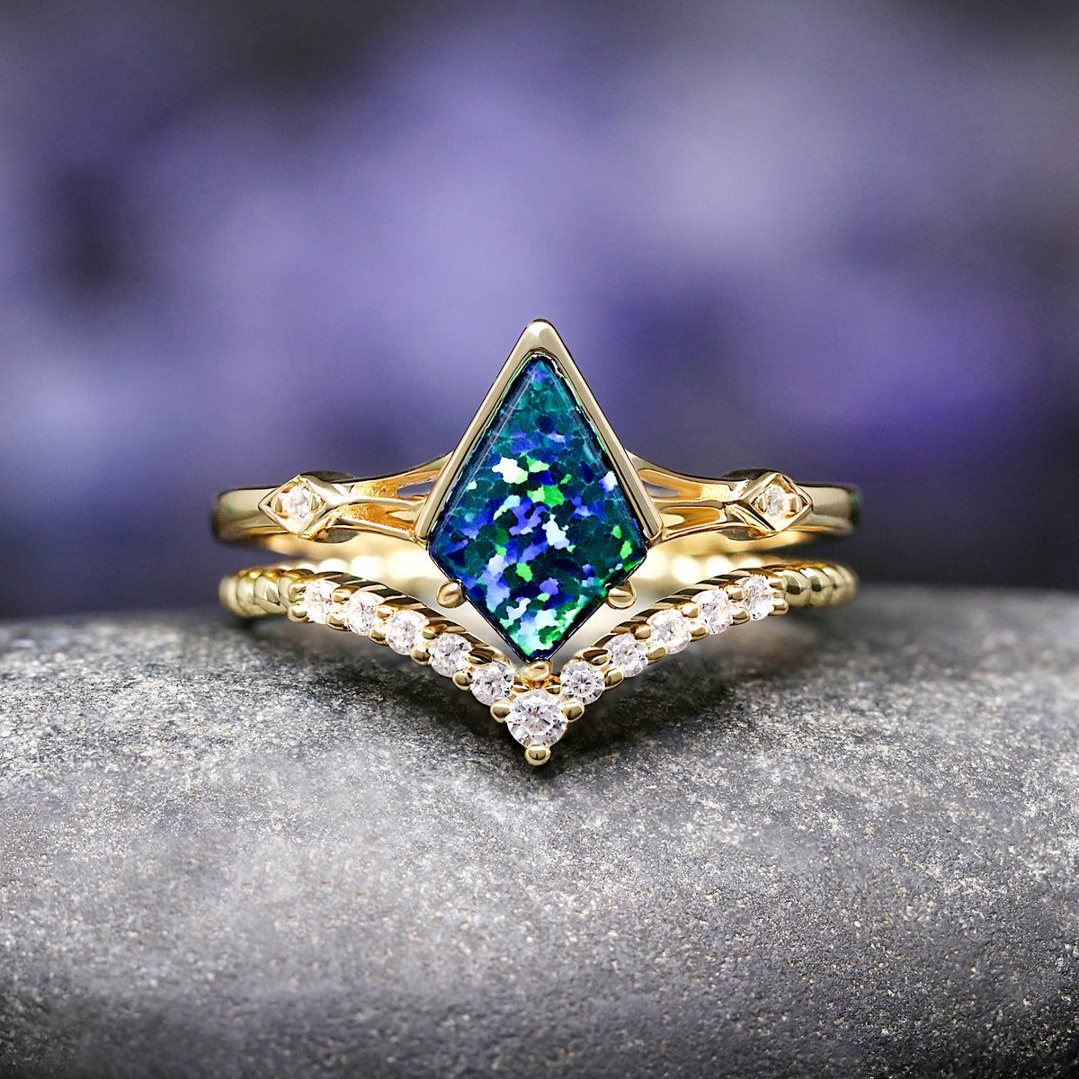 Chevron wedding band and kite opal engagement ring set