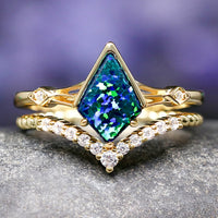 Gold Celtic Kite Opal Engagement Ring Set, Blue Green Emerald Opal, Braided Chevron Wedding Band, Unique Alternative Promise Ring for Her