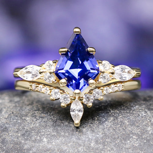 Kite-cut blue sapphire bridal set in gold sterling silver, engagement ring with a curved accent band