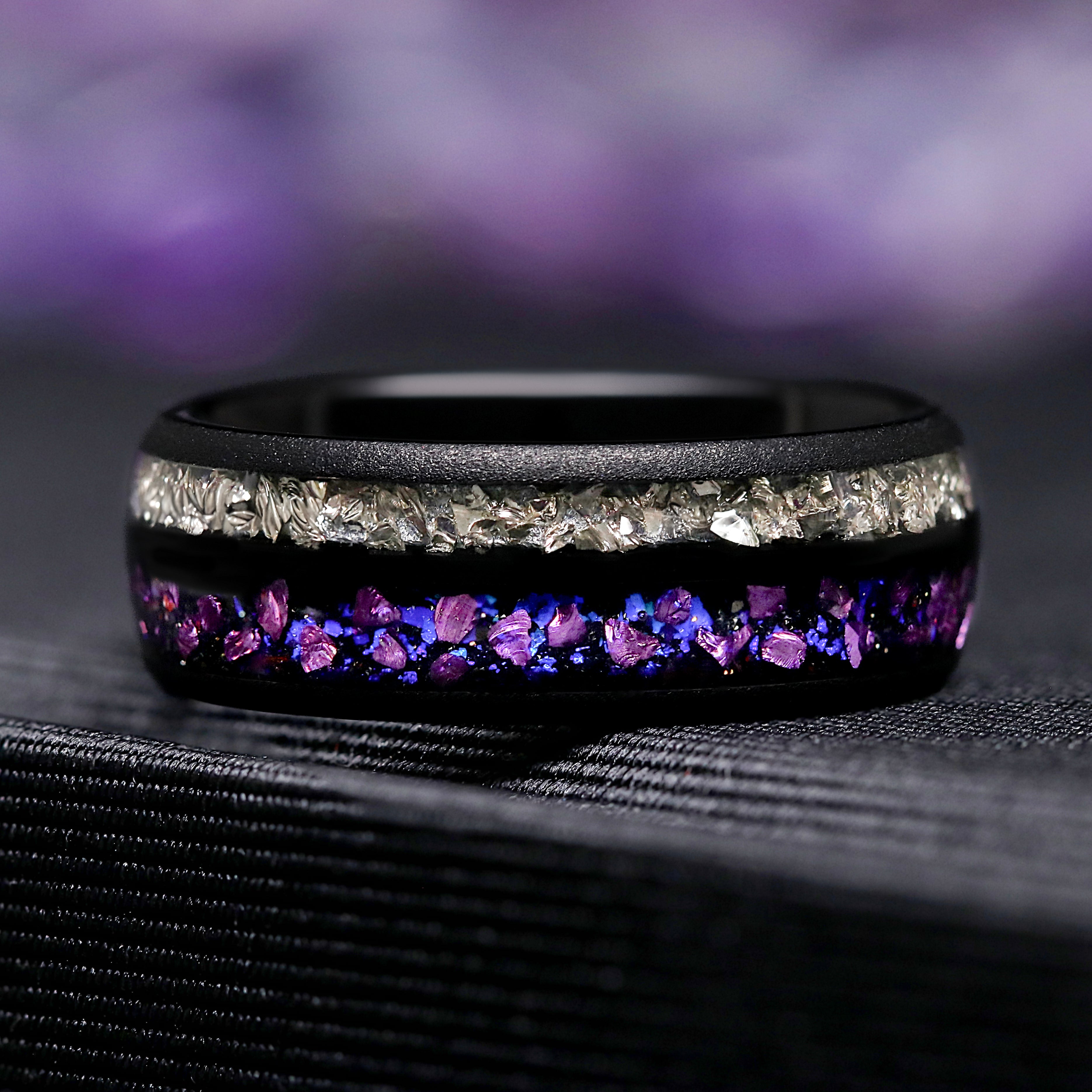 Alexandrite Ring Men, Purple Wedding Band, Crab Nebula Ring, Black Tungsten Band, 8mm Space Ring, Dome, Sandblast, Mens Engagement Ring