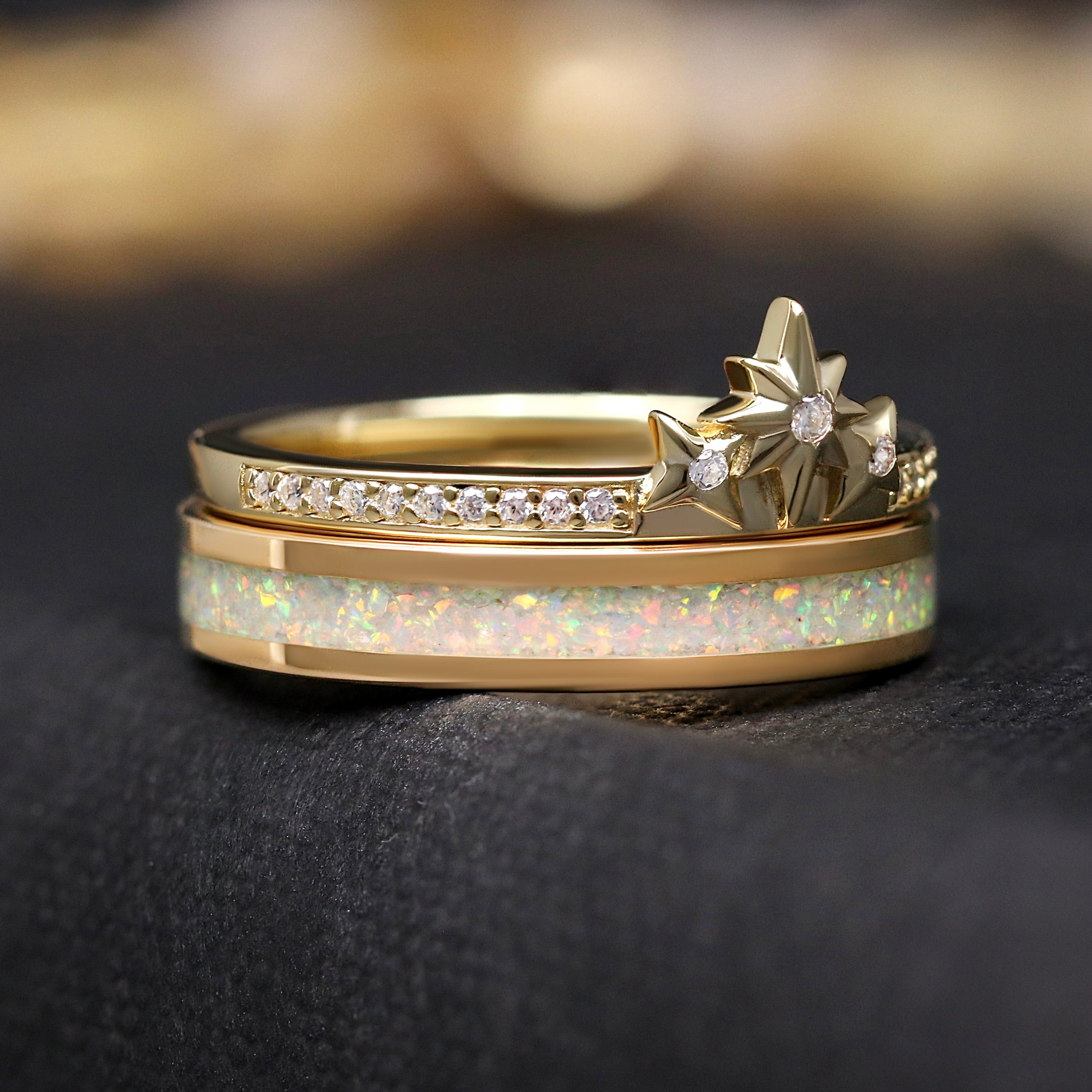 Starburst Gold Opal Band & Stacking Star Ring, Celestial Ring Set, Unique Wedding Band, Cosmic Promise Ring, Galaxy Jewelry Gift for Her, White Opal